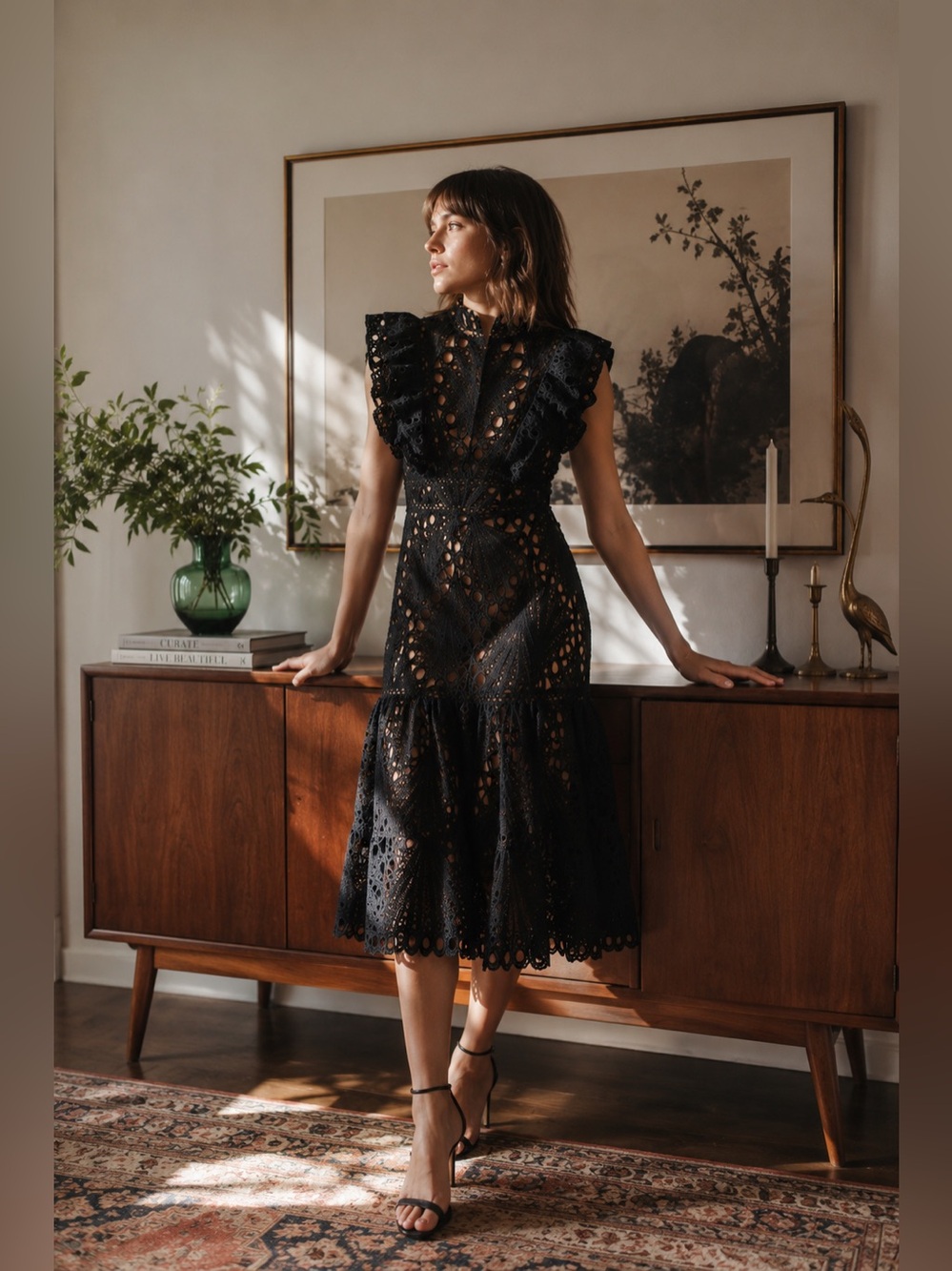 Dalia MacPhee Black Lace Cutout Ruffle Midi Dress